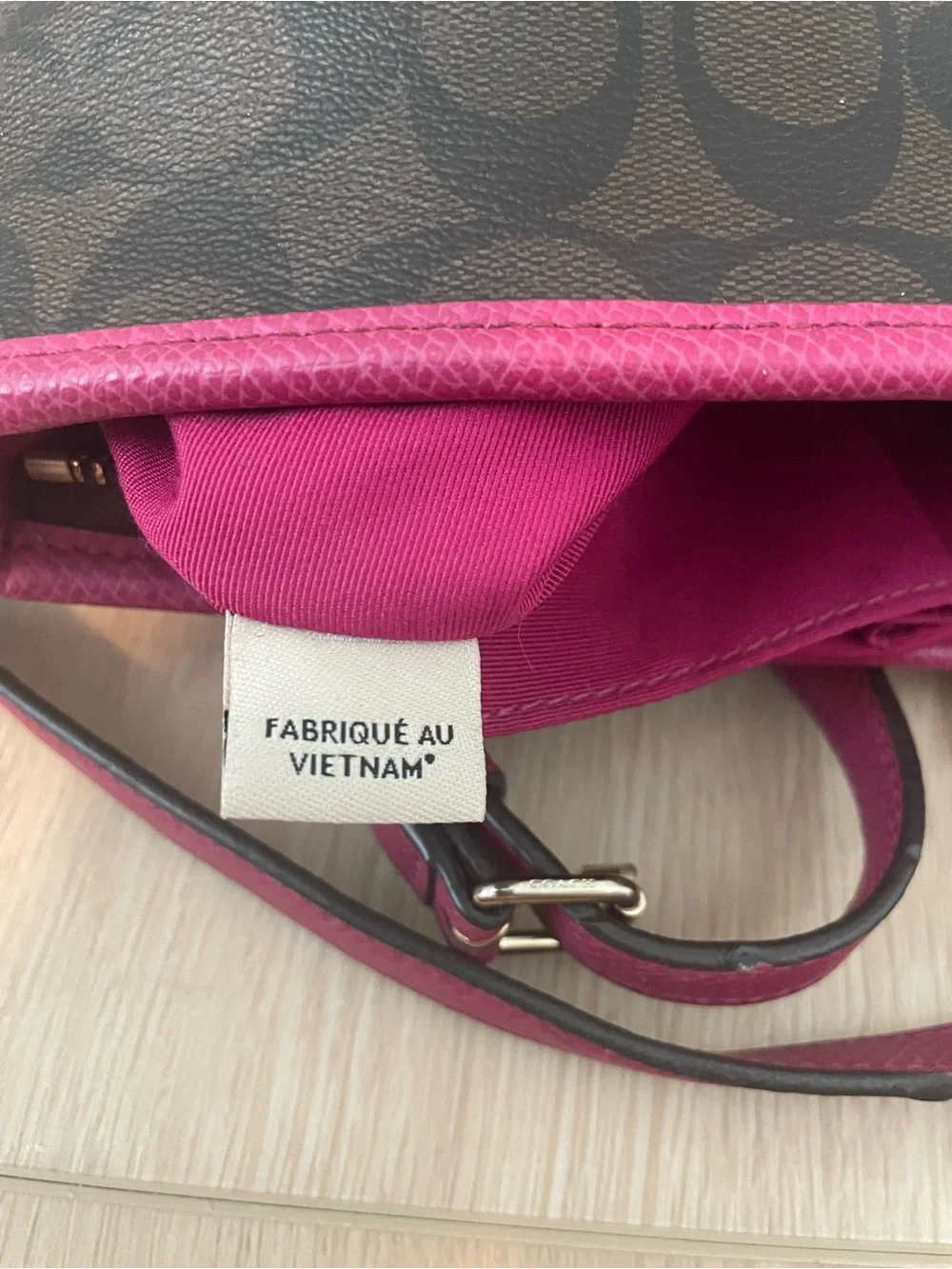 Coach Signature Brown & Pink Crossbody File Bag Adjustable Strap Fuchsia Trim